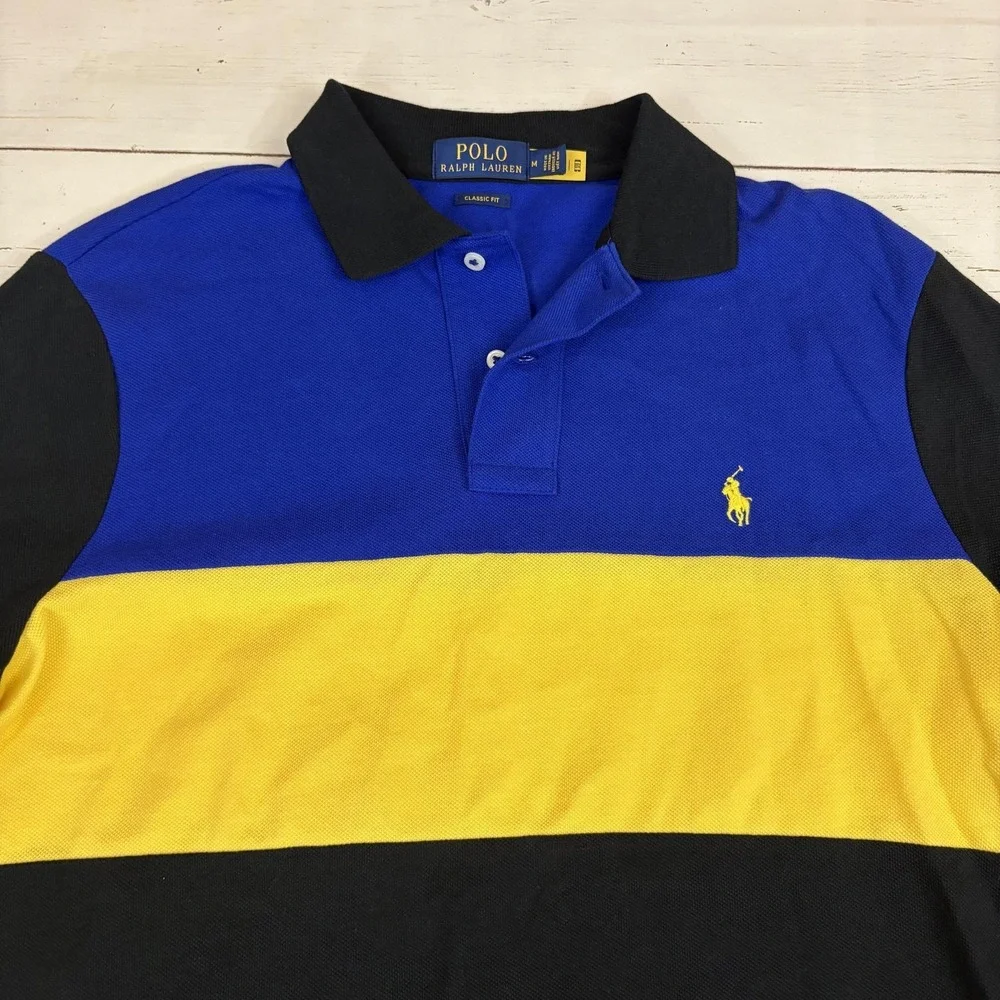 Polo Ralph Lauren Polo Shirt Mens M Blue Yellow Black Colorblock Classic Fit